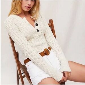 Free People Cream V-Neck Sweater with Buttons